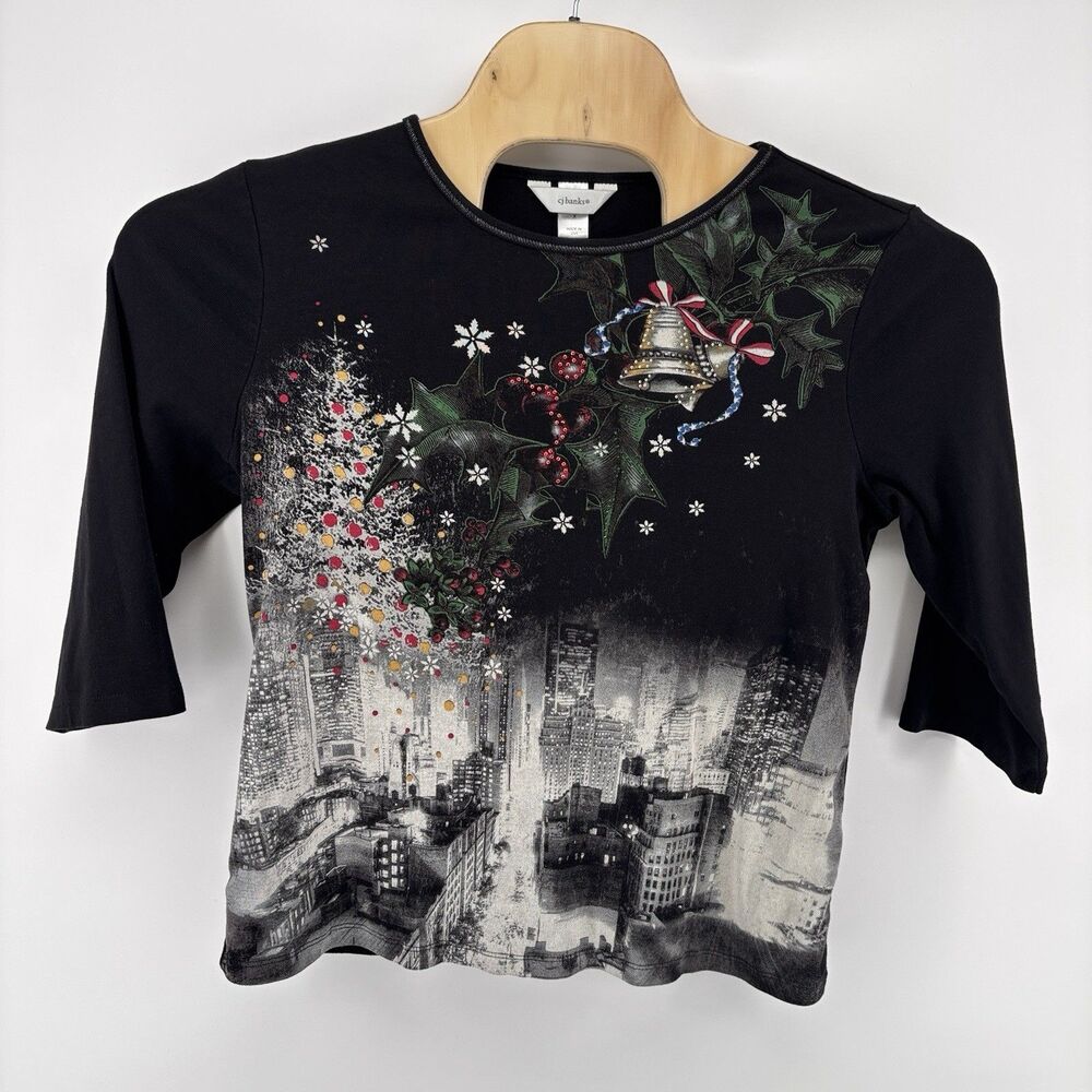 CJ Banks Women’s X Black Christmas Holiday NYC Cityscape Graphic 3/4 Sleeve Top